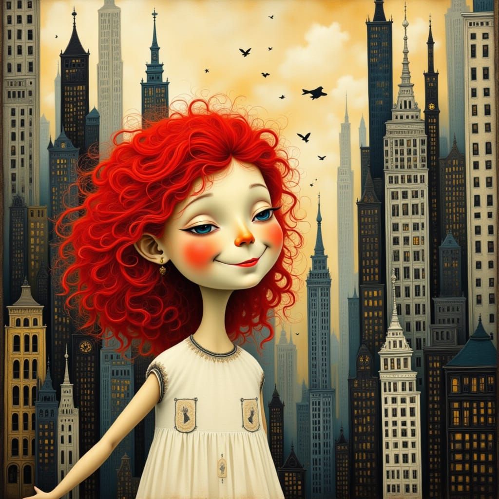 "A portrait of a smiling girl toddler with curly red hair in art brut style by Bill Carman, Bill Jacklin and Bojan Jevtic, Urban dreamscape ...