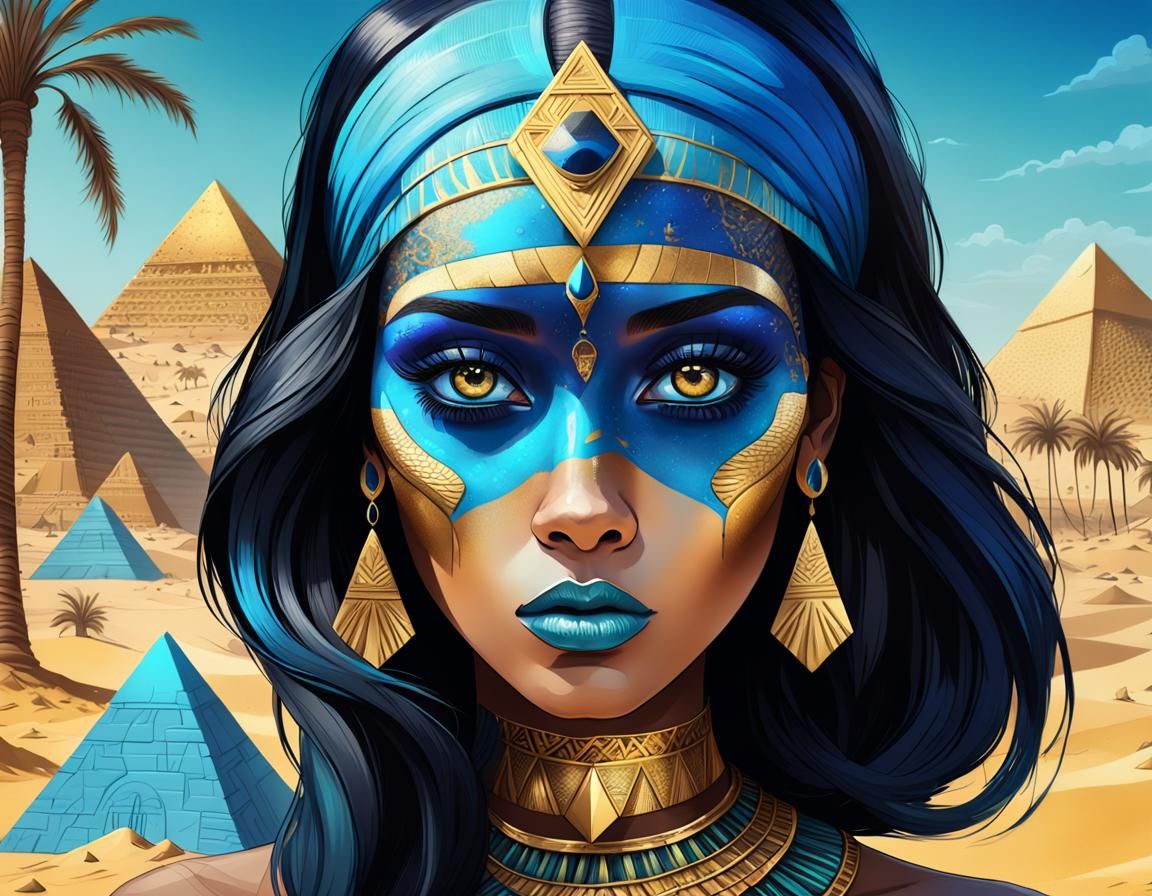 queen of egypt with big black eyes and blue makeup, black ha...