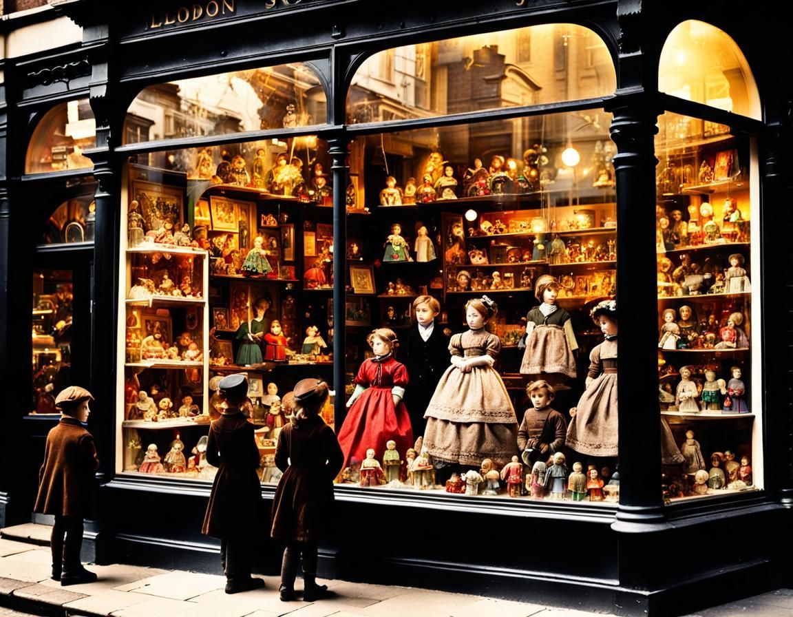 An awesome toy shop window display early evening youngsters outside staring in amazement Victorian London full vibrant colour AI Generated Artwork NightCafe Creator