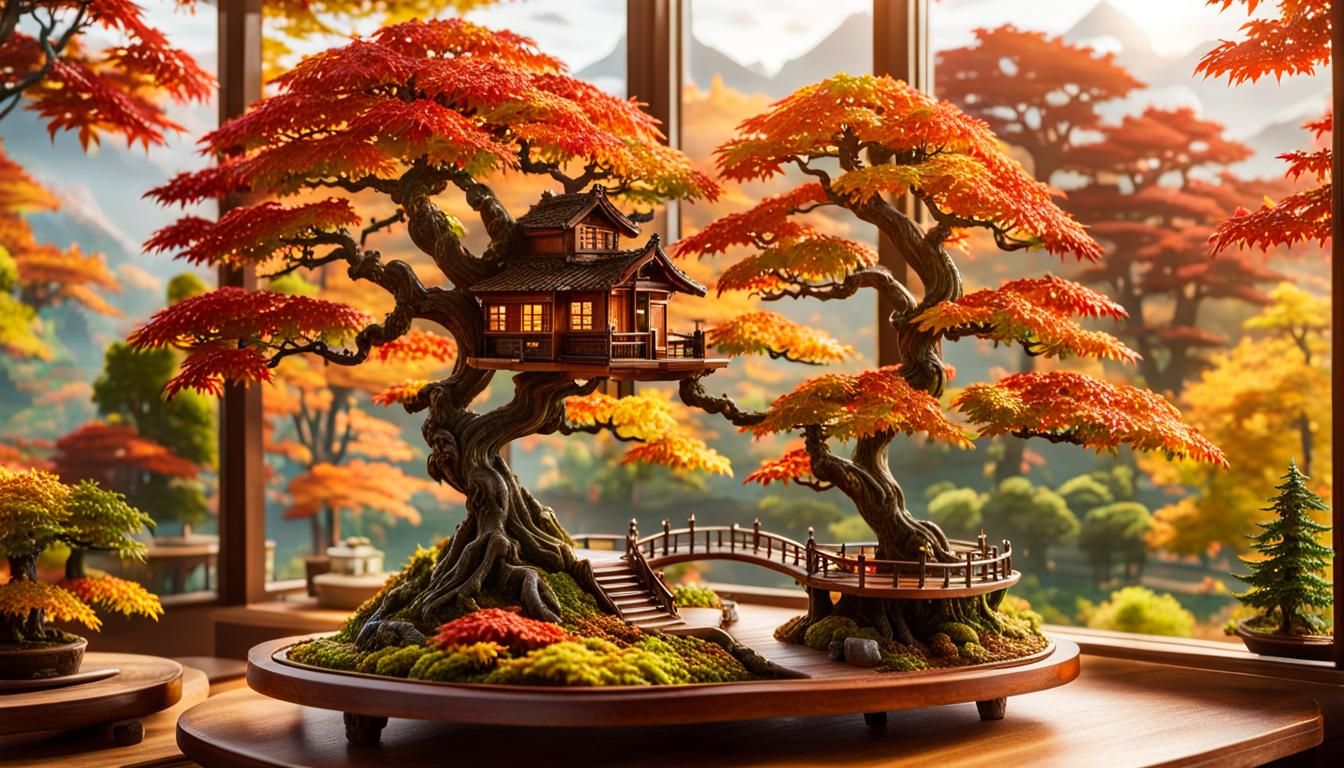 Miniature treehouse with intricate double autumn acer bonsai on a tray on the bright desk, stairs and ...  by @Hugo Raul