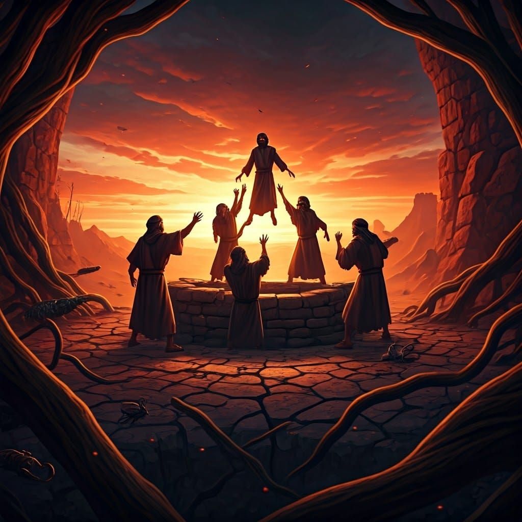 Righteous Sons of Jacob Silhouette Against Fiery Sunset, Thr...