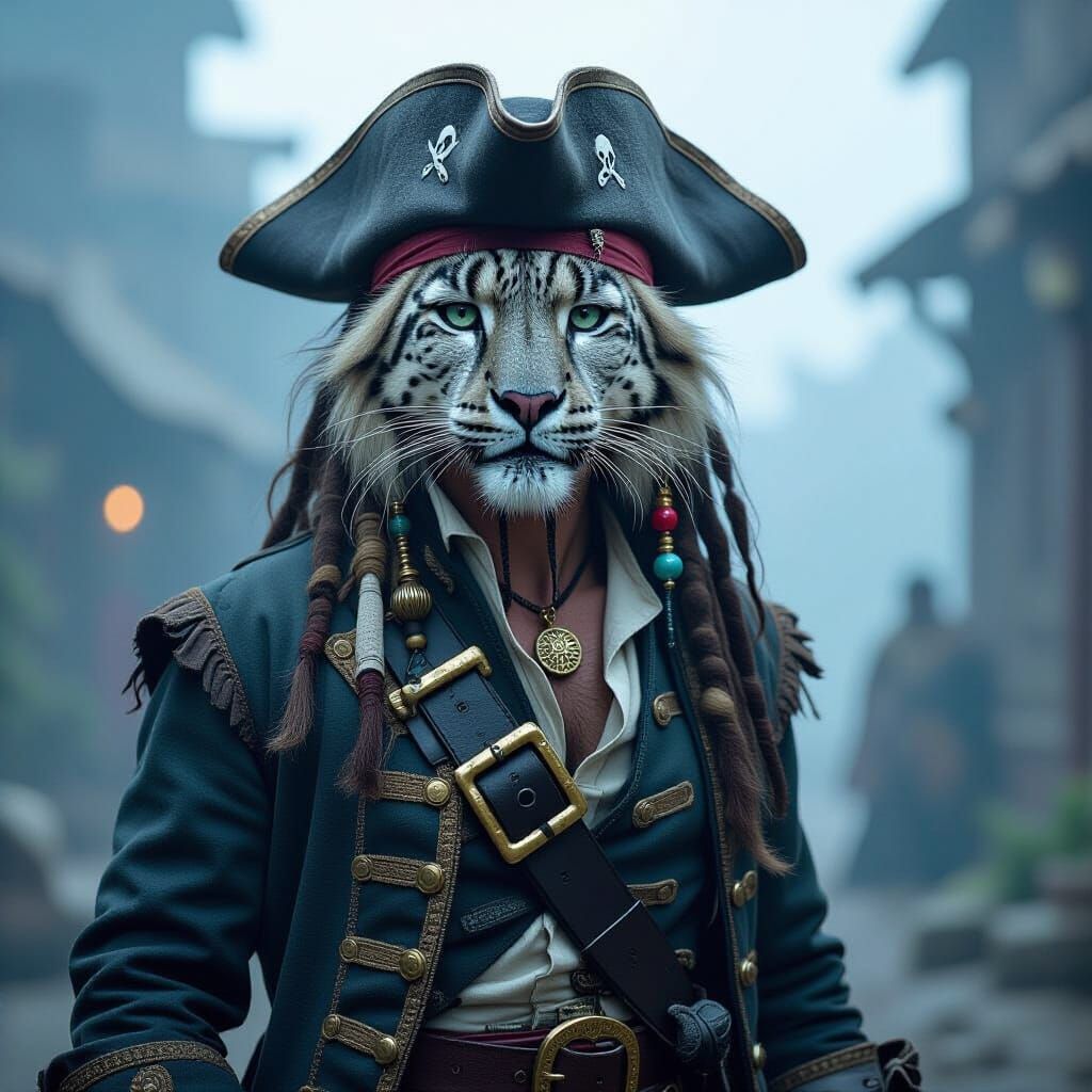  Captain Jack Sparrow as a majestic snow Leopard Tabaxi, adorned in weathered pirate attire, posing heroically in a misty, atmospheric envir...