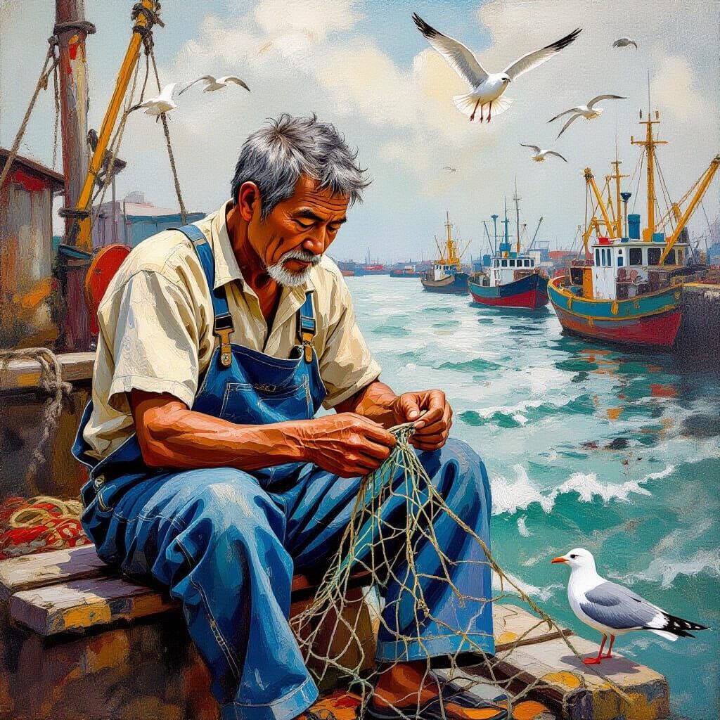 A vivid impasto oil painting in a 3:2 aspect ratio. The dominant figure is an elderly man of Asian descent, ...  by @Nednut4362