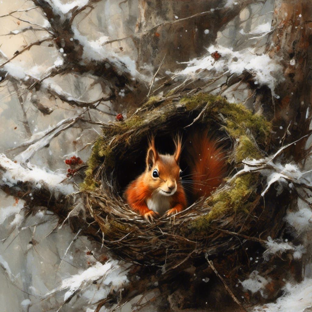 red squirrel in his nest  by @Paulo