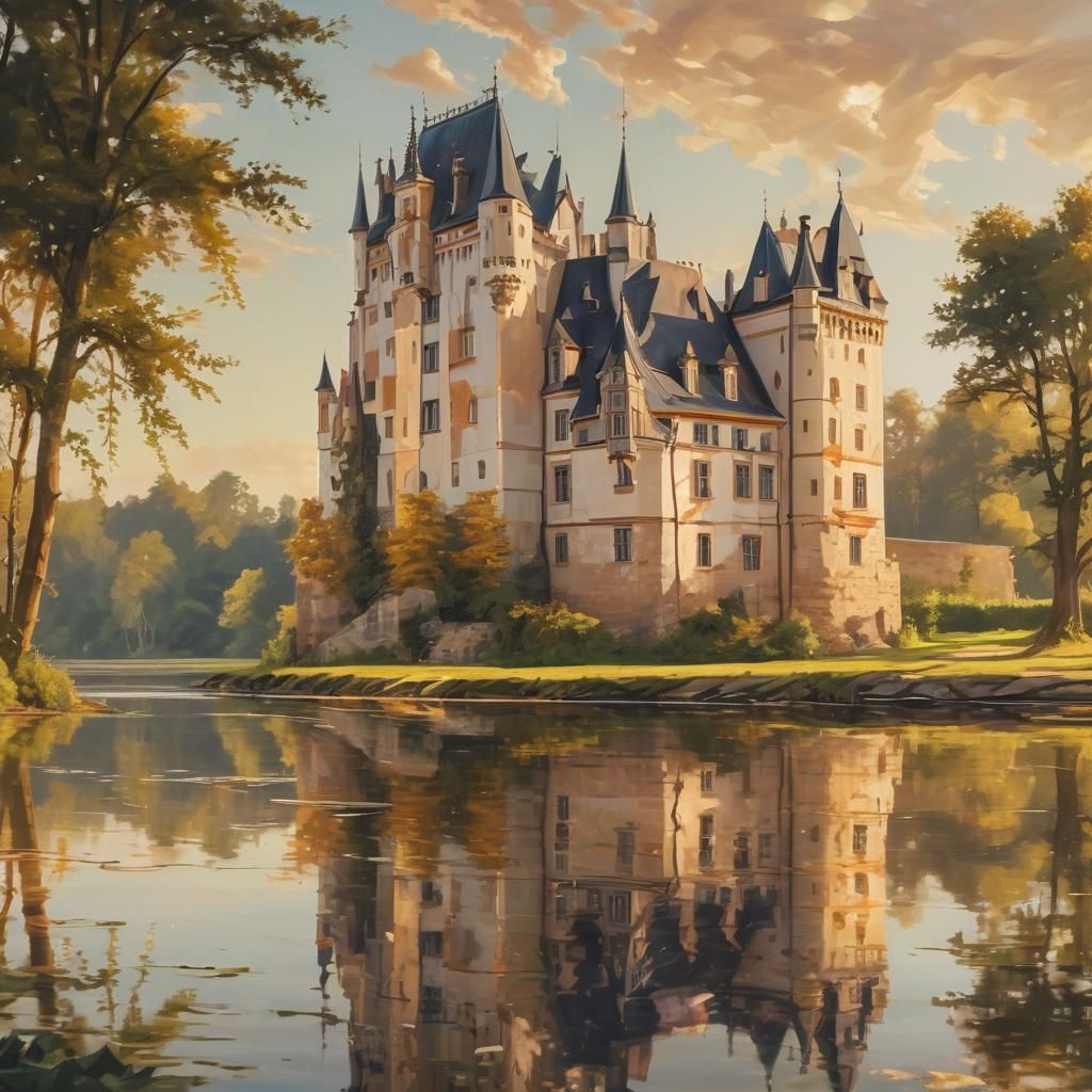 Classical style German castle overlooking a pond