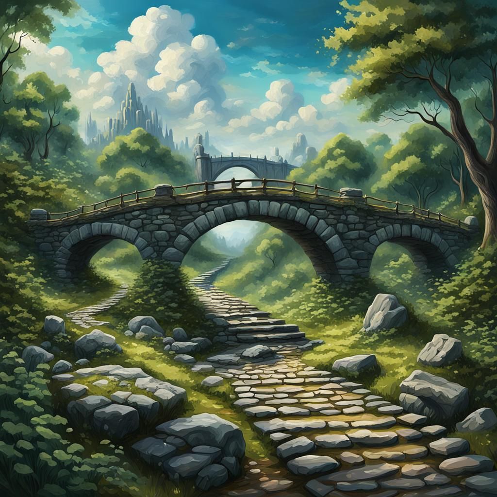 painting of a stone bridge in a forest with a cloudy sky, dramatic fantasy art, fantasy art, fantasy matte painting, romantic simple path tr...