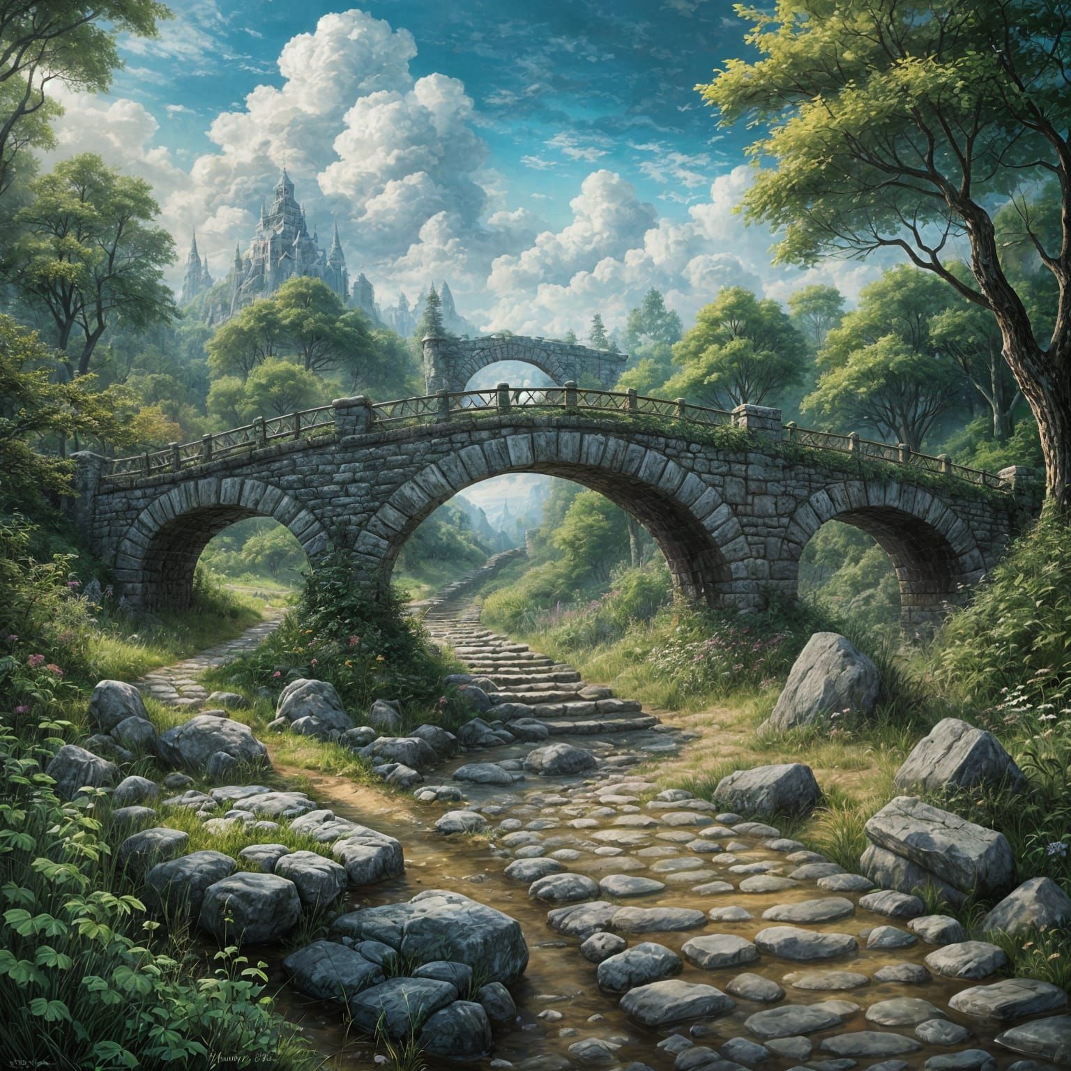 painting of a stone bridge in a forest with a cloudy sky, dramatic fantasy art, fantasy art, fantasy ...  by @Granite-007