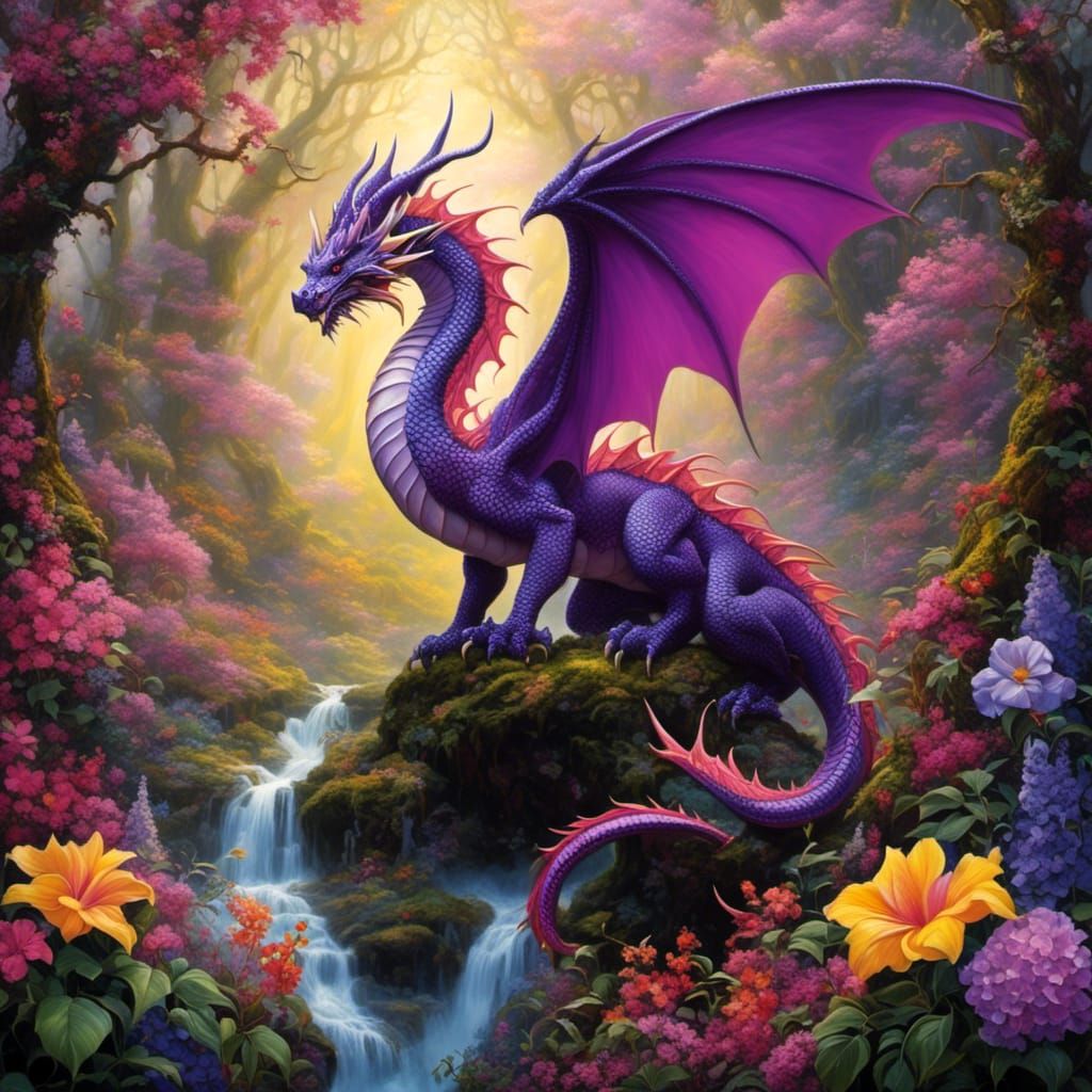<lora:Framed in Flowers:1.0> a beautiful purple, pink and yellow dragon in an enchanted forest.