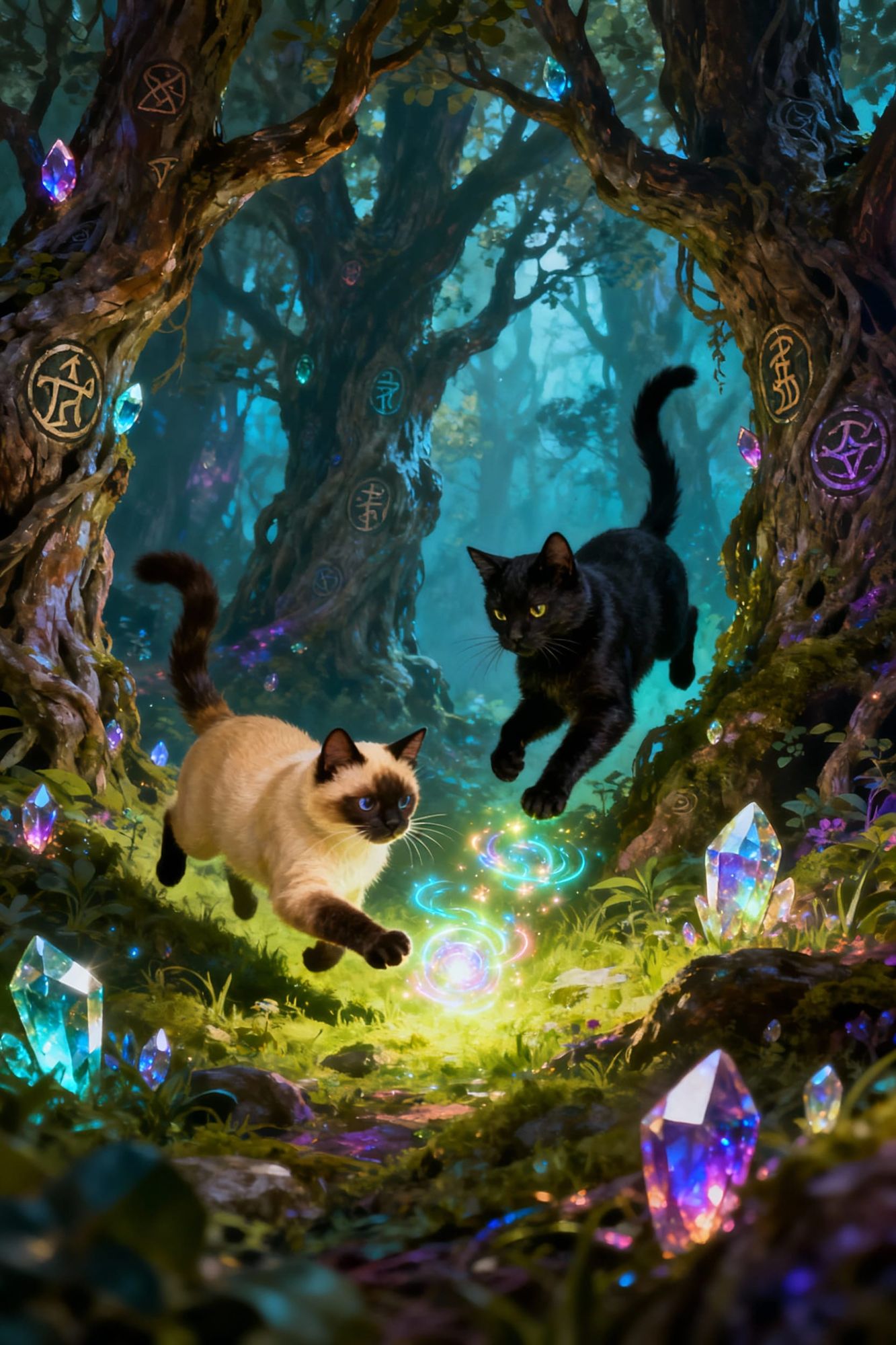 The two cats (one cream-colored with dark points, one black) are in a playful and vibrant magical forest, dynamically rendered with high con...