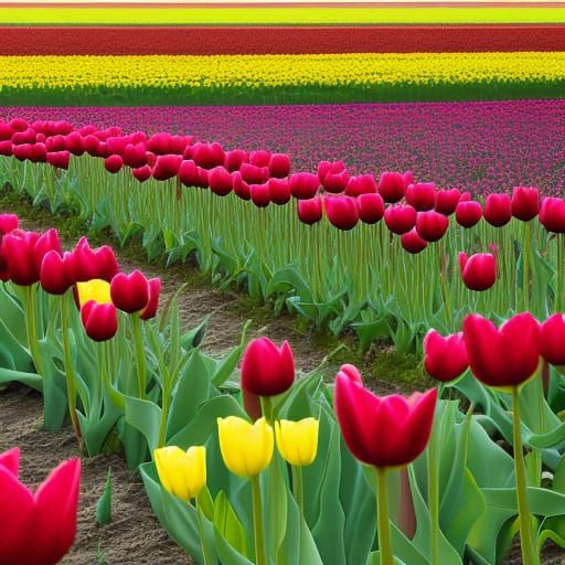 A field of tulips in various colors, well arranged. The sun ...