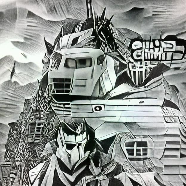 Optimus prime in 80’s gundam manga style black and white cle...