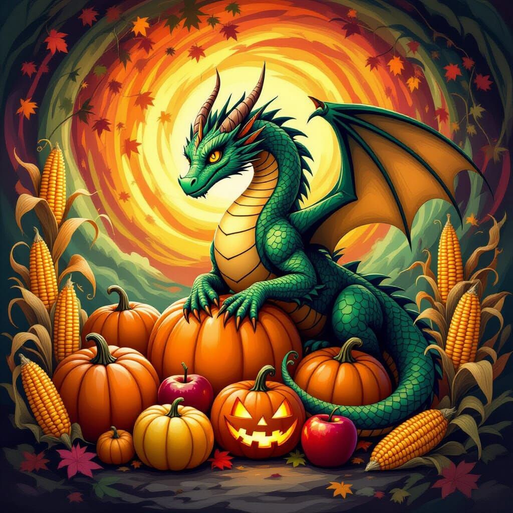 A surreal scene of a dragon's hoard, not of gold, but of autumnal treasures: piles of shimmering pumpkins, ...  by @Bonnie Horzepa