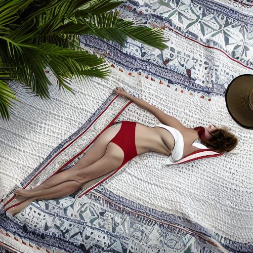 woman on a blanket sunning herself in a very red bikini  by @OldLarr
