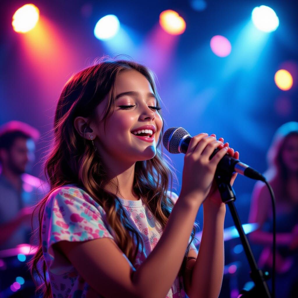 Beautiful Girl Sings into Microphone at Vibrant Party