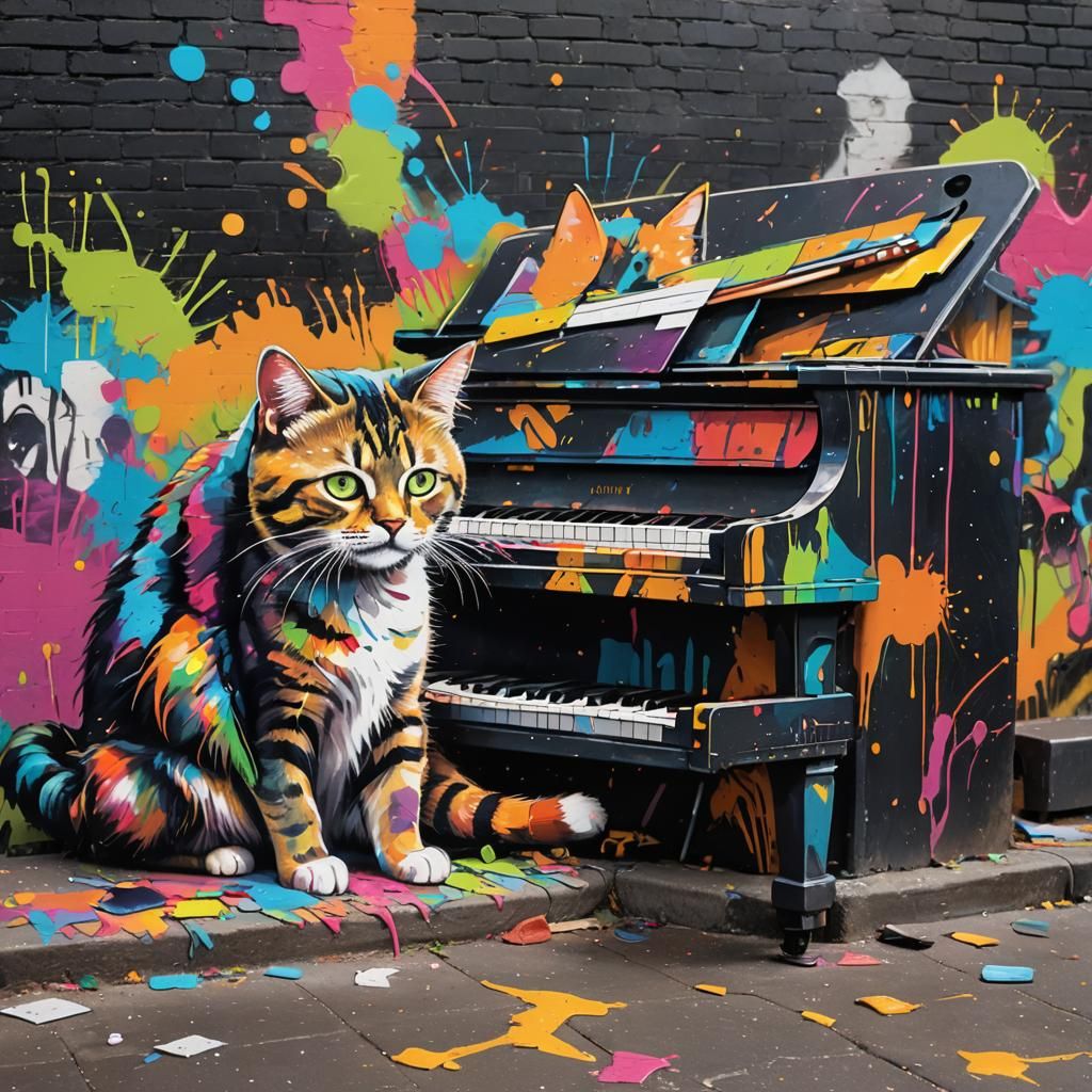 Cats Playing Piano in Vibrant Street Art Style