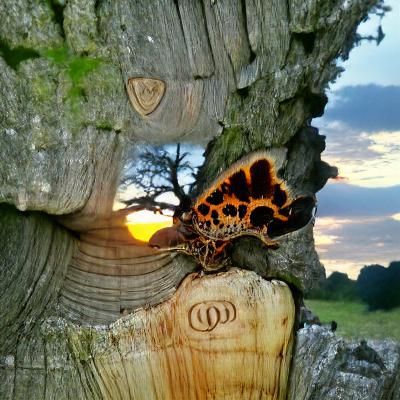 a beautiful butterfly on a very old oak tree in a sunset