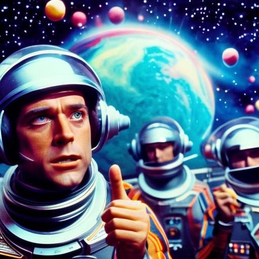 <lora:Candy Cosmos:1.0> Sci-fi movie scene: Astronaut pointing a finger at the screen in front of candy. A large planet and flying space roc...