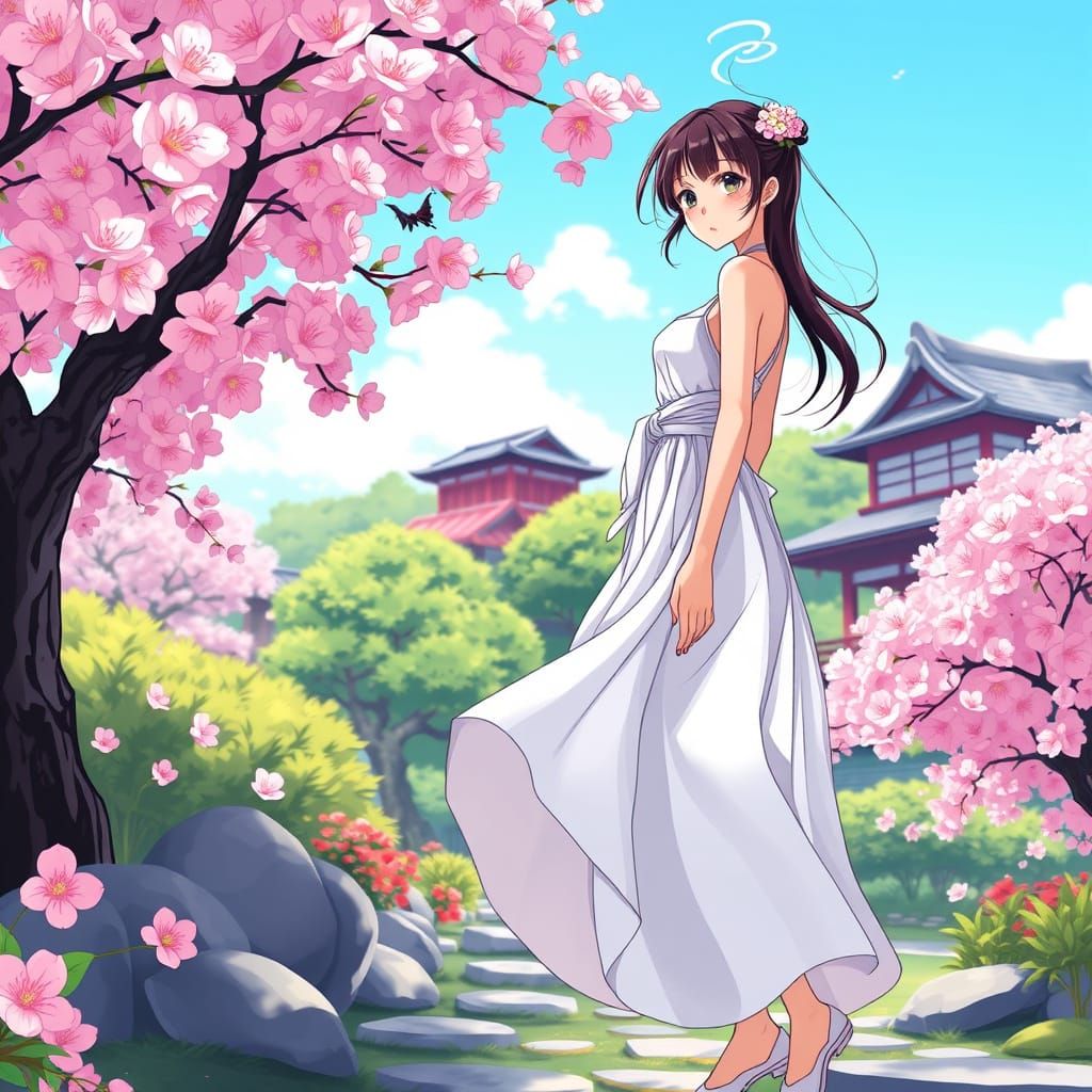 Anime-Style Woman in Japanese Cherry Blossom Garden