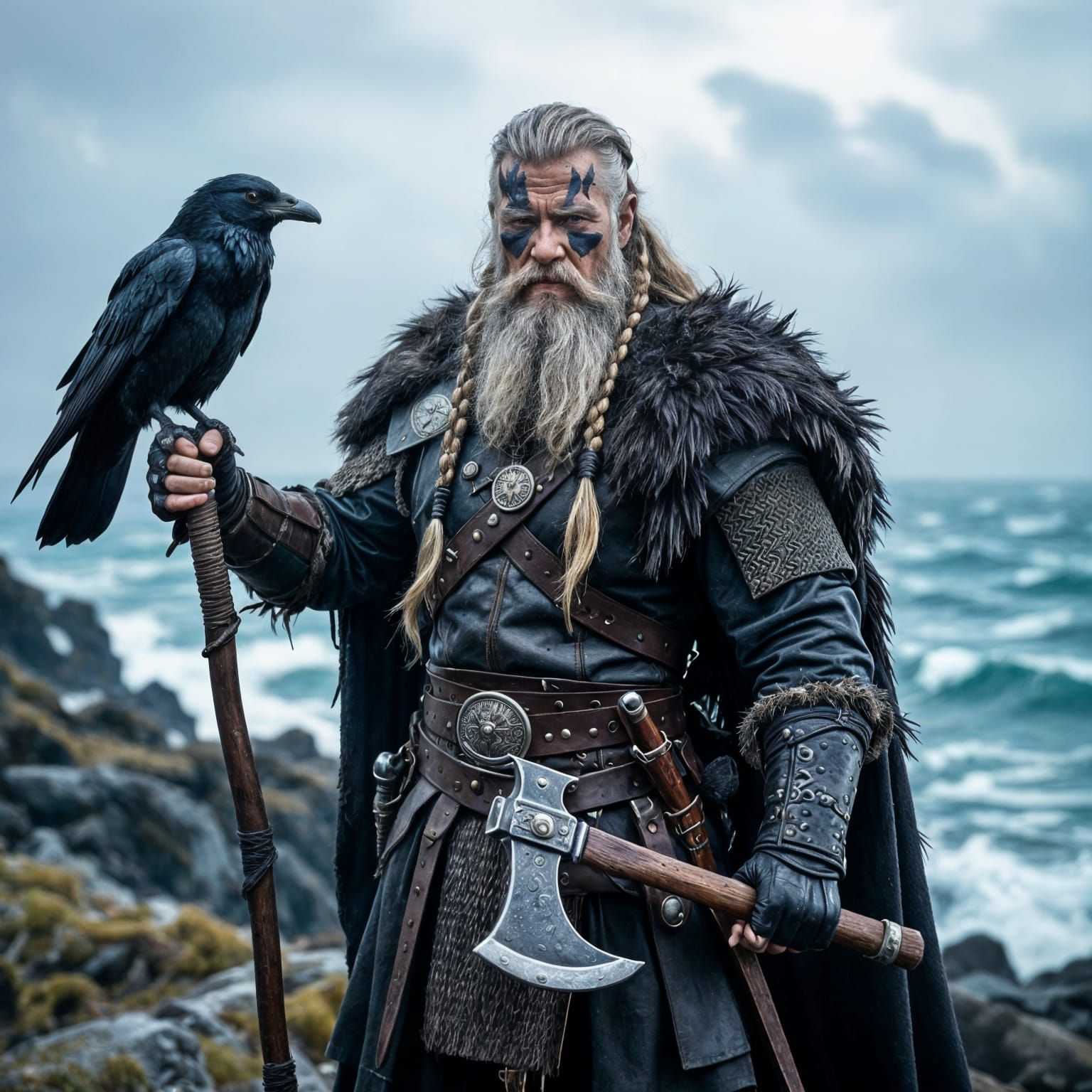 An older Viking warrior standing proudly on a rocky cliff by the sea, long grey beard braided with beads, ...  by @Crystal Raven