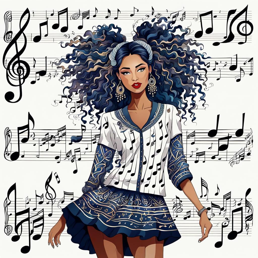 Girl with Musical Note Motif Illustration