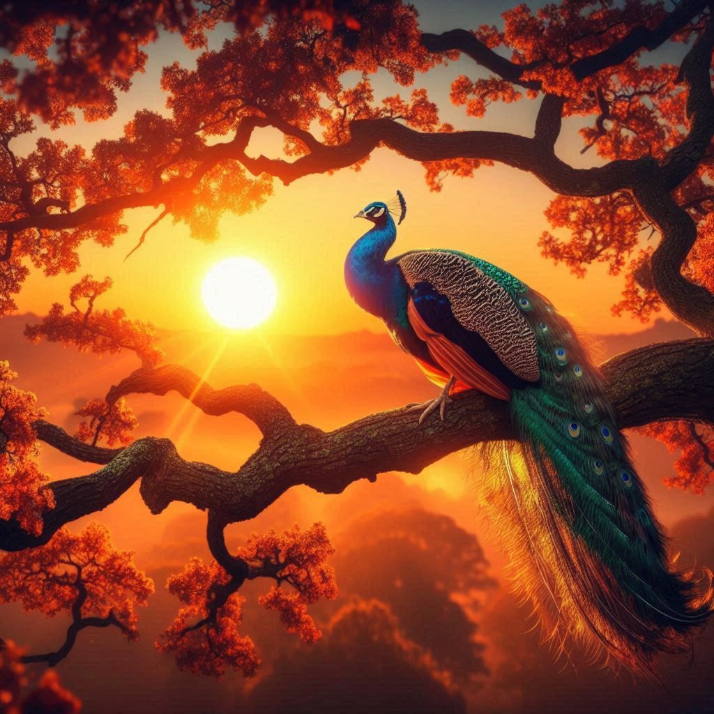 A peacock in the sunset