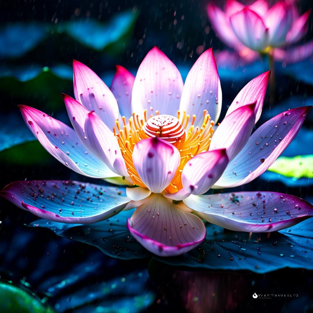 A award winning photo of a lotus flower, sparkling, bioluminescence ...