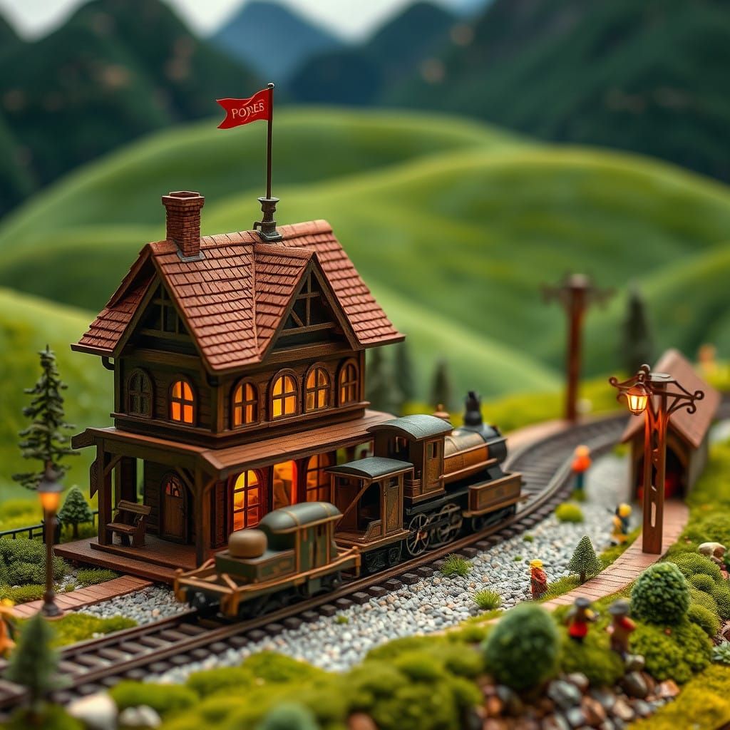 "An image of a miniature train station, made from simple materials – the train itself is small and intricately ...  by @MADHIM