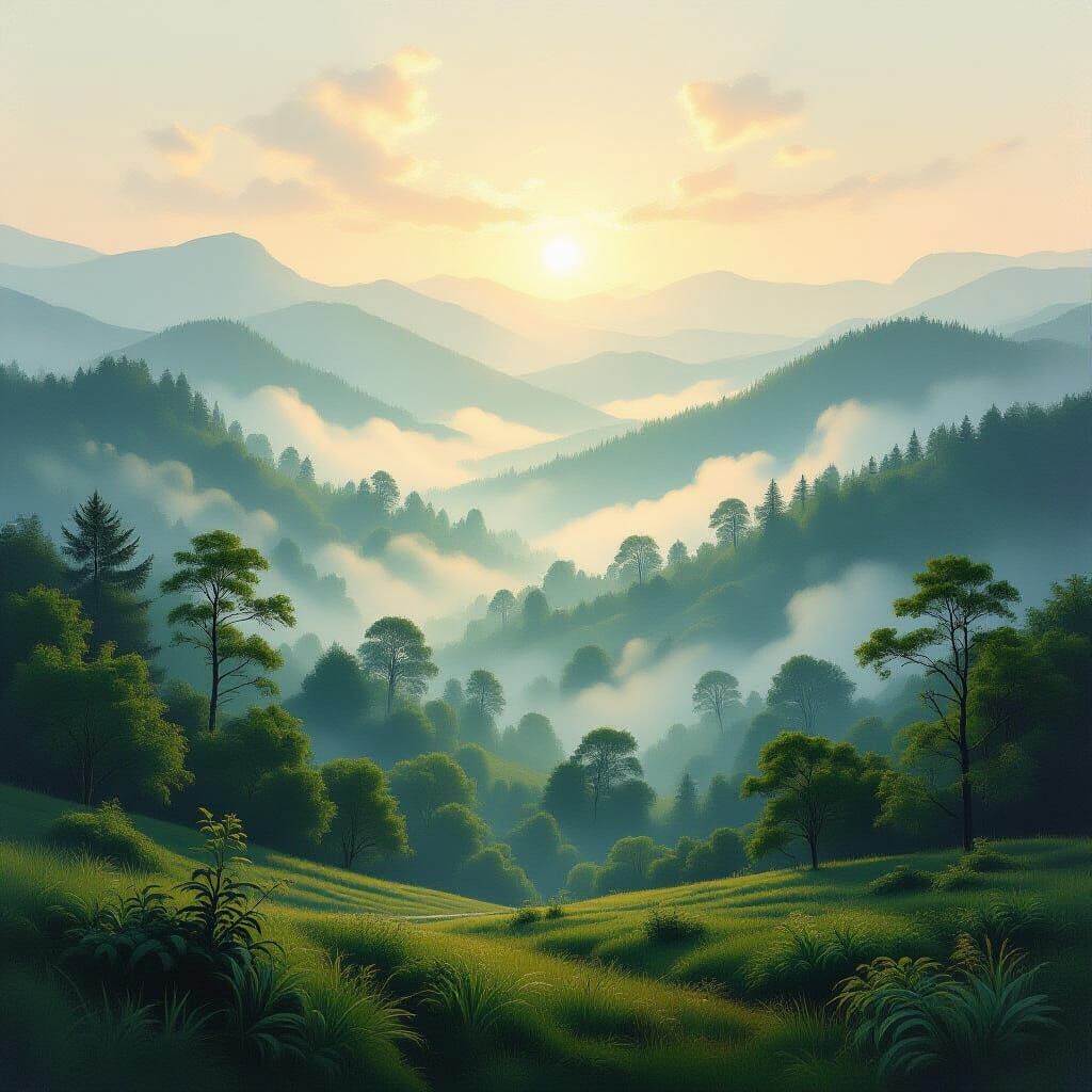 Ethereal Forest Landscape with Misty Hills