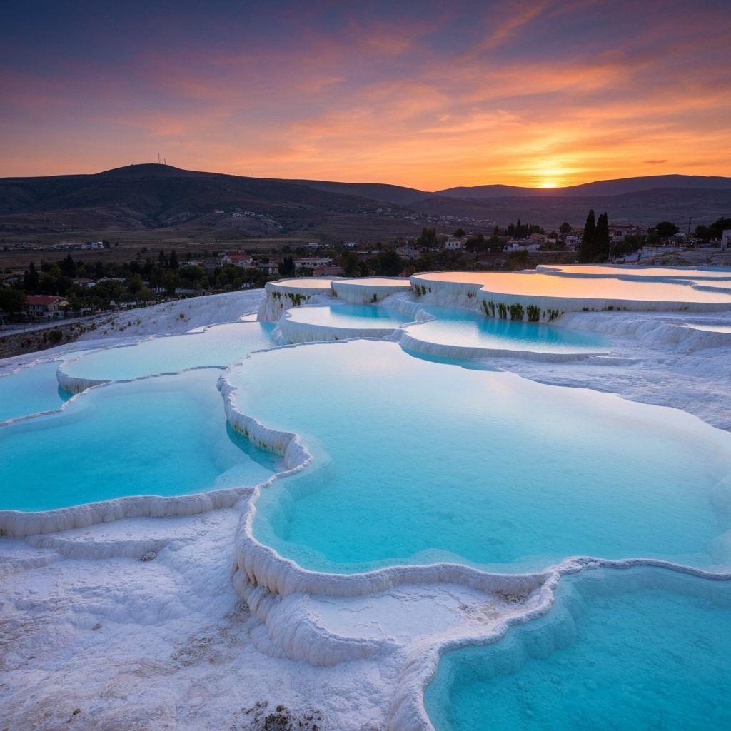 Cascading Turquoise Thermal Pools at Sunset