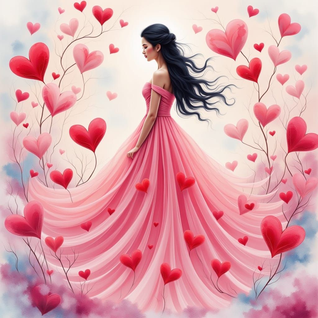 Heartwarming Woman Surrounded by Hearts in Watercolor Style