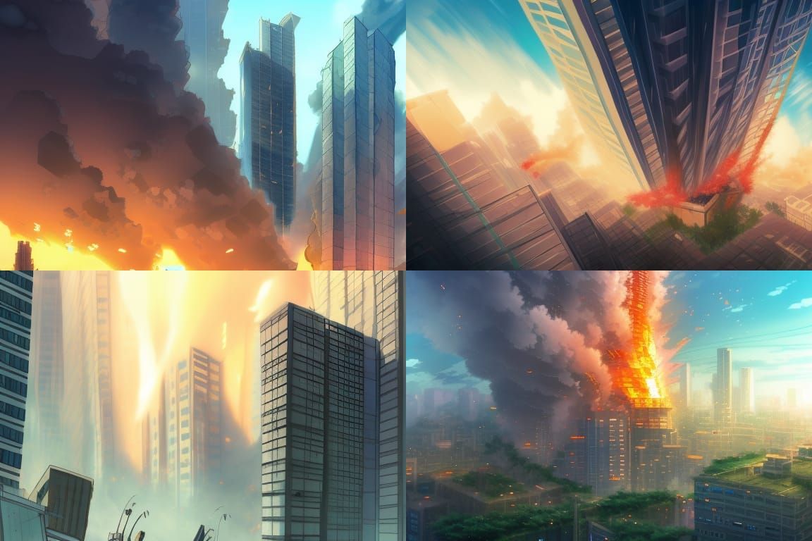 building collapsing, super tall skyscraper, shattered building background, torn apart, desteuction, fire, mass Studio Gh...
