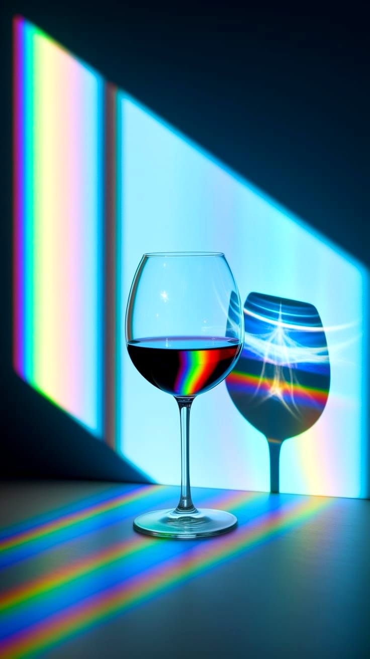 Wine glass in table casting rainbow shadow in to the wall  by @JPK