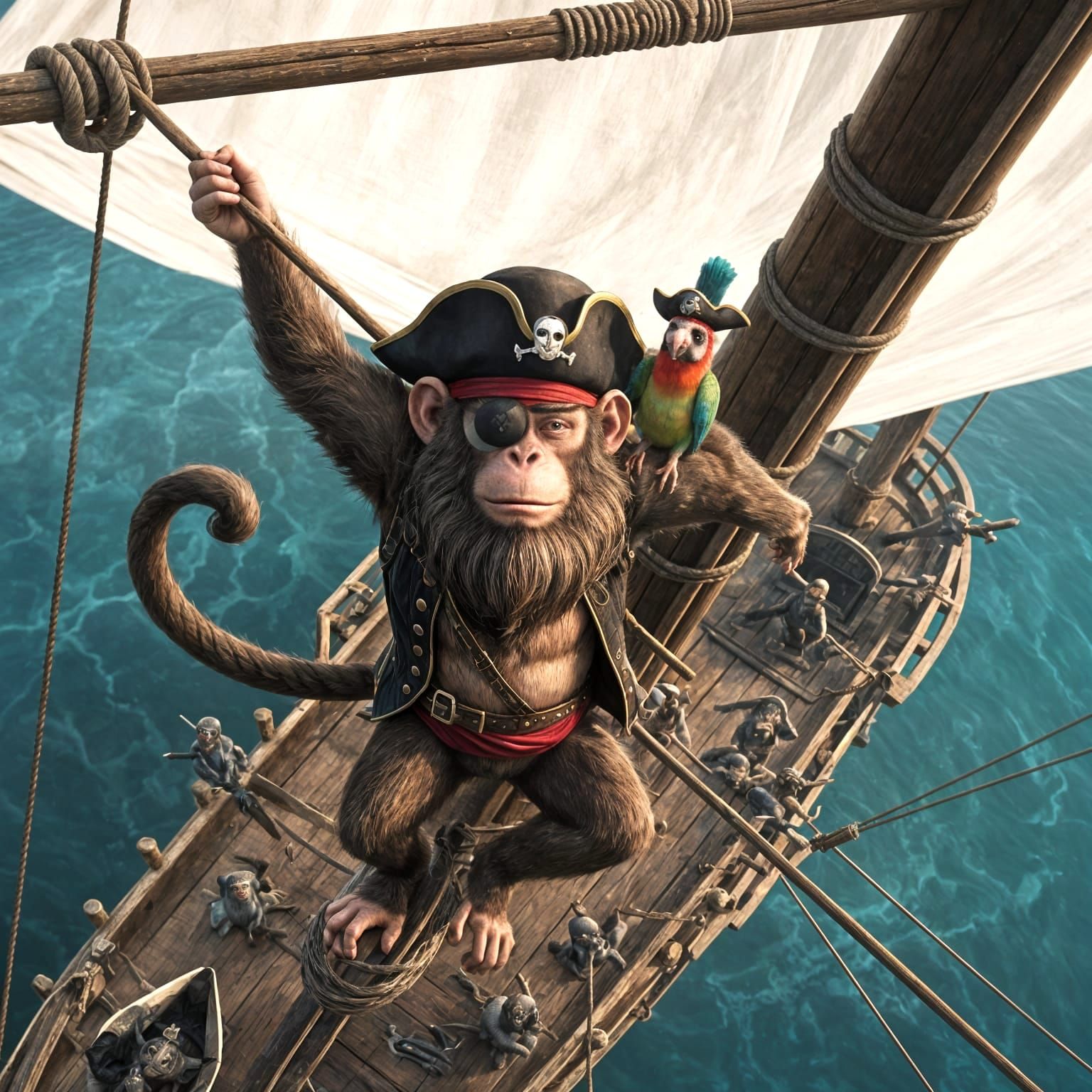 A bearded monkey with a pirate hat and eye patch swings from high up on the main mast of a pirate ship. ...  by @SuperGen