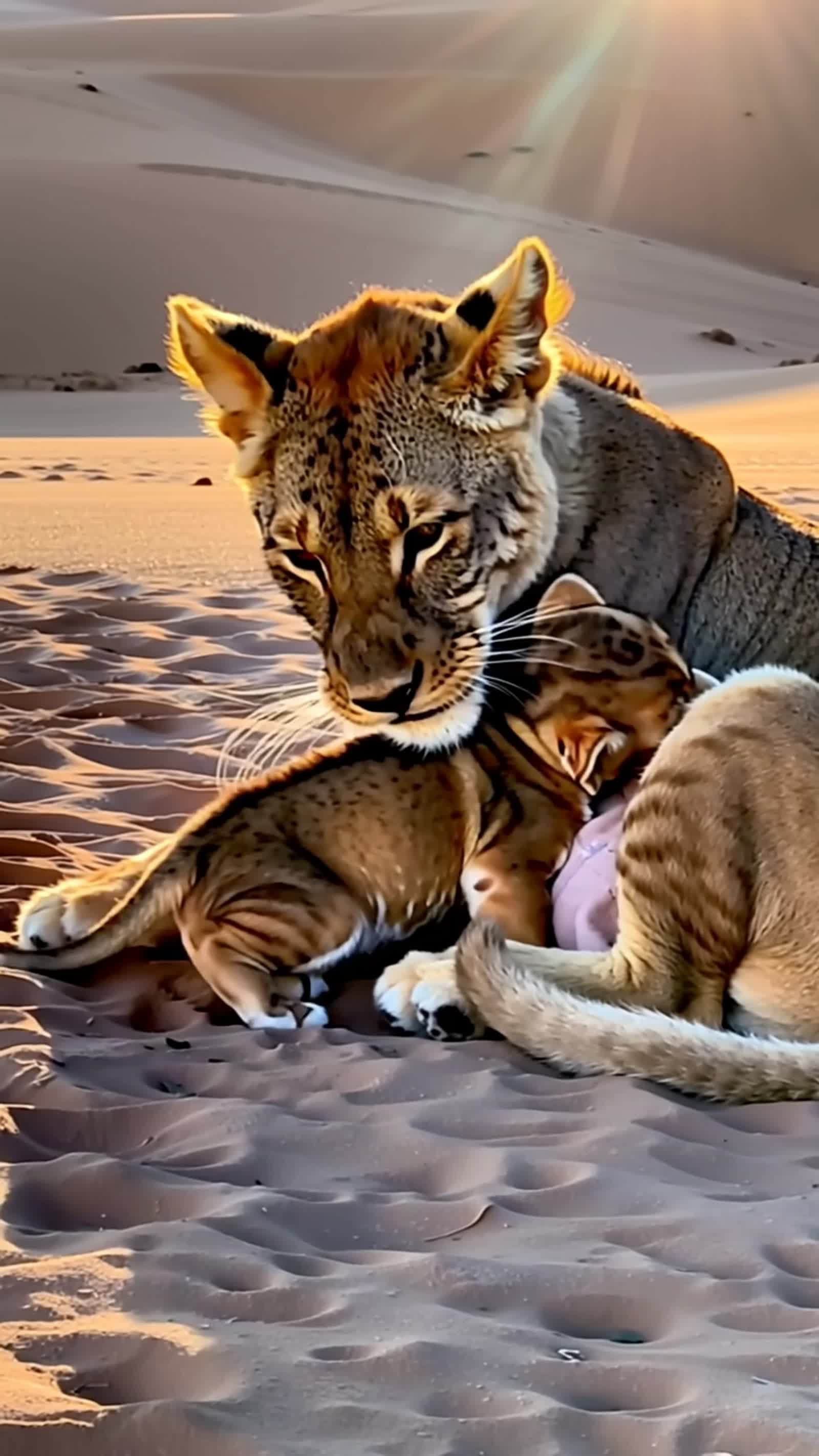 baby löwe schmust mit seiner mama löwin in der wüste.
