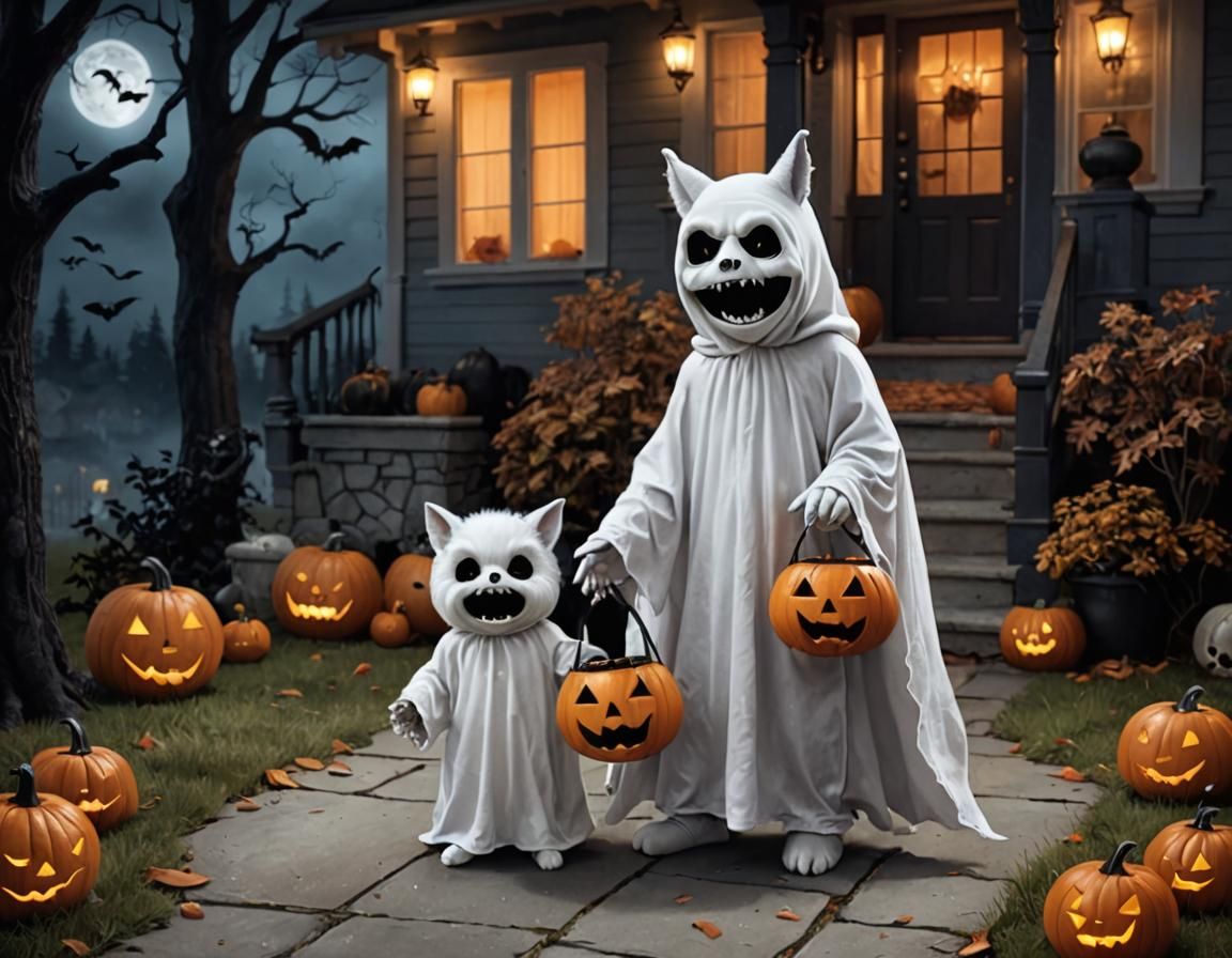 An adorable little ghost and an adorable little bat trick-or-treating at cute Wolfman's house.  by @Urna Semper