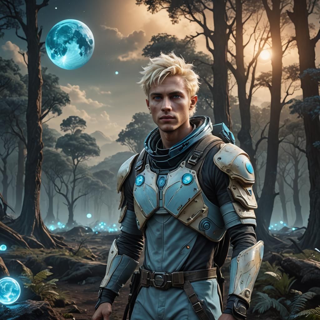 A young man in his twenties, with light blue skin and blonde...
