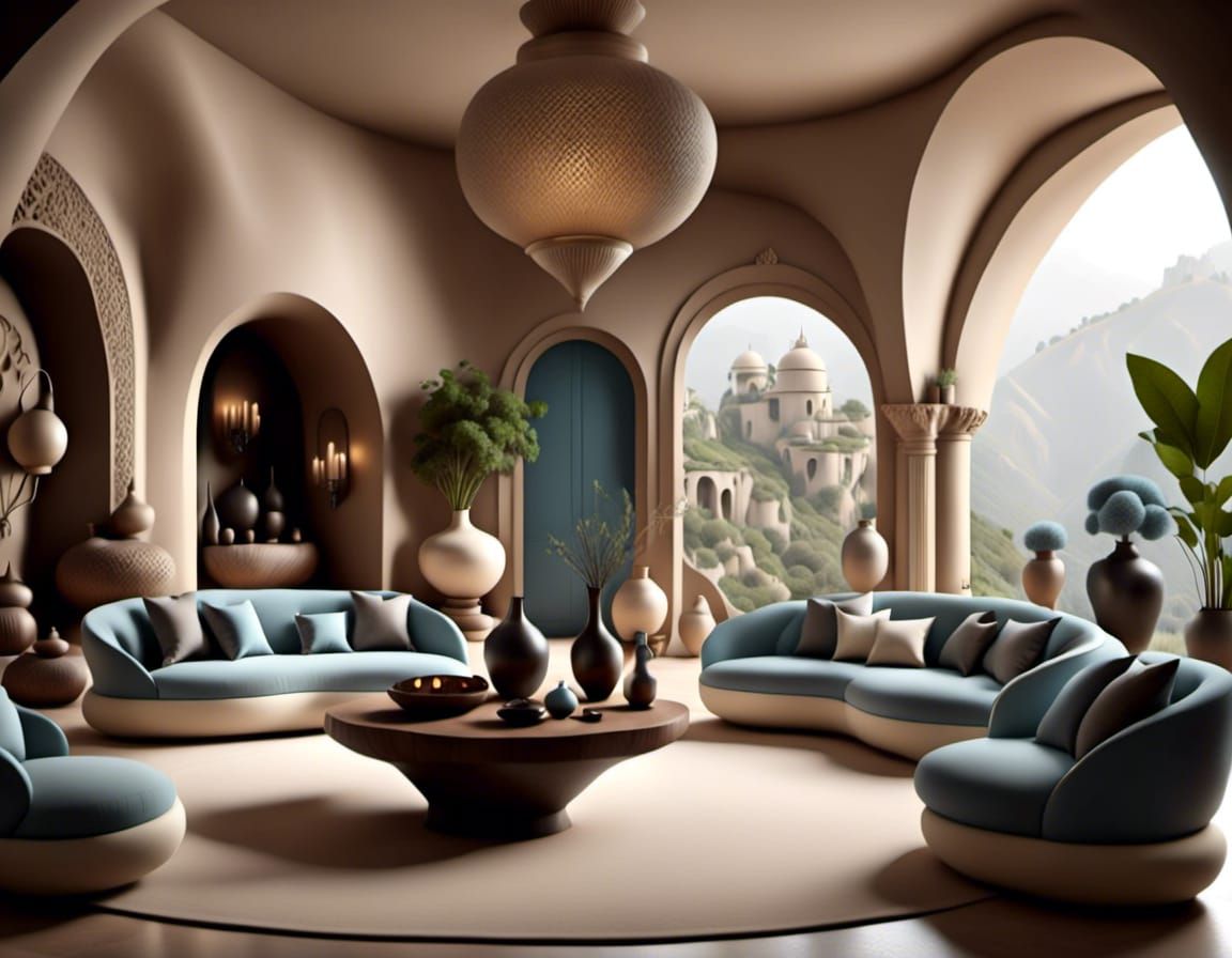 <lora:CaveHome:1.0> living room furnished with decorative vases, ornated lamps, houseplants, a lit fireplace, inbuilt furniture carved from...