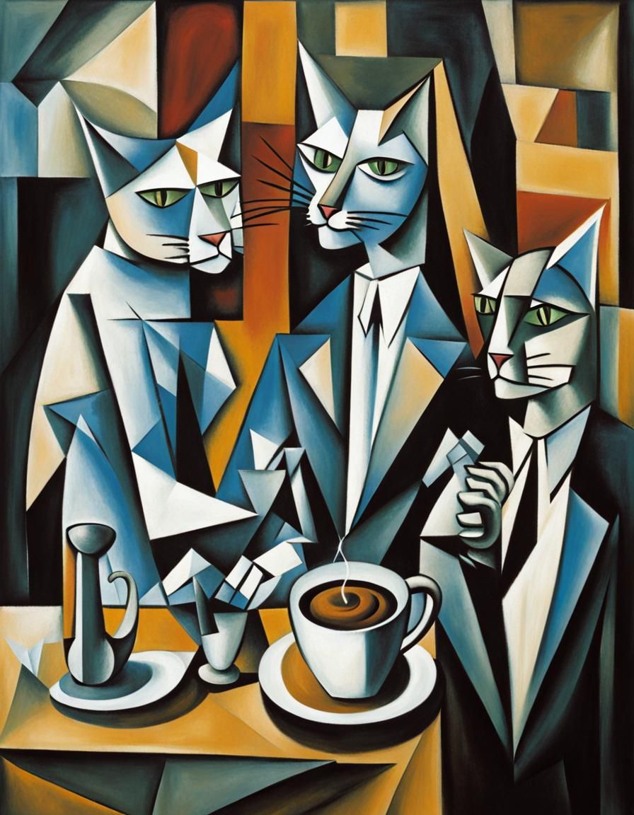 cubistic painting in reduced colors, anthropomorph cats in evening suits, drinkin coffee in a bar, by ...  by @undefined