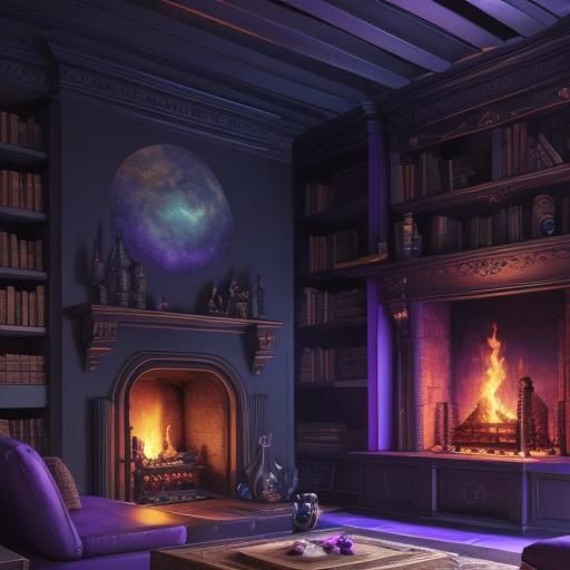 magic cabin living room, floating lamps, fireplace, purple f...