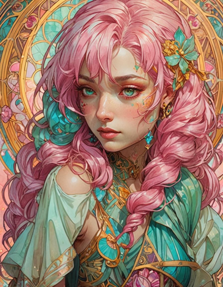 Pink-Haired Girl Portrait in Art Nouveau Style