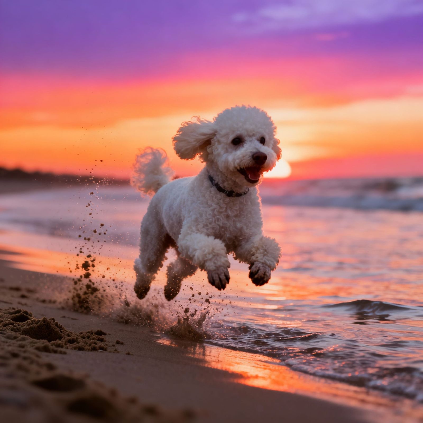 Joyful Poodle Leaps on Beach at Sunset