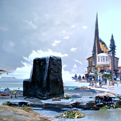 coastal town with huge monolith in the town square