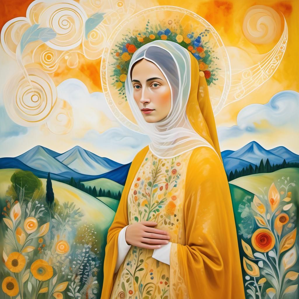 Mother of God, beautiful, tall,thin, black skin, amber eyes, very long black-purple ringlets hair, white veil, amber yellow dress. Marc Chag...