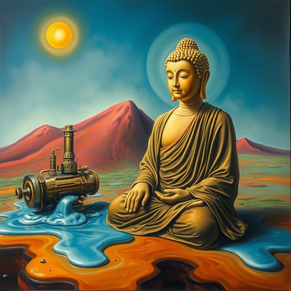 Surreal Melting Landscape with Buddha in Dali Style