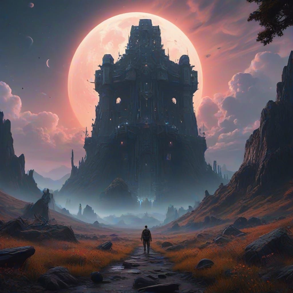 On a distant, uncharted planet, a team of explorers in advanced exosuits stands in awe before a colossal alien structure, its towering walls...