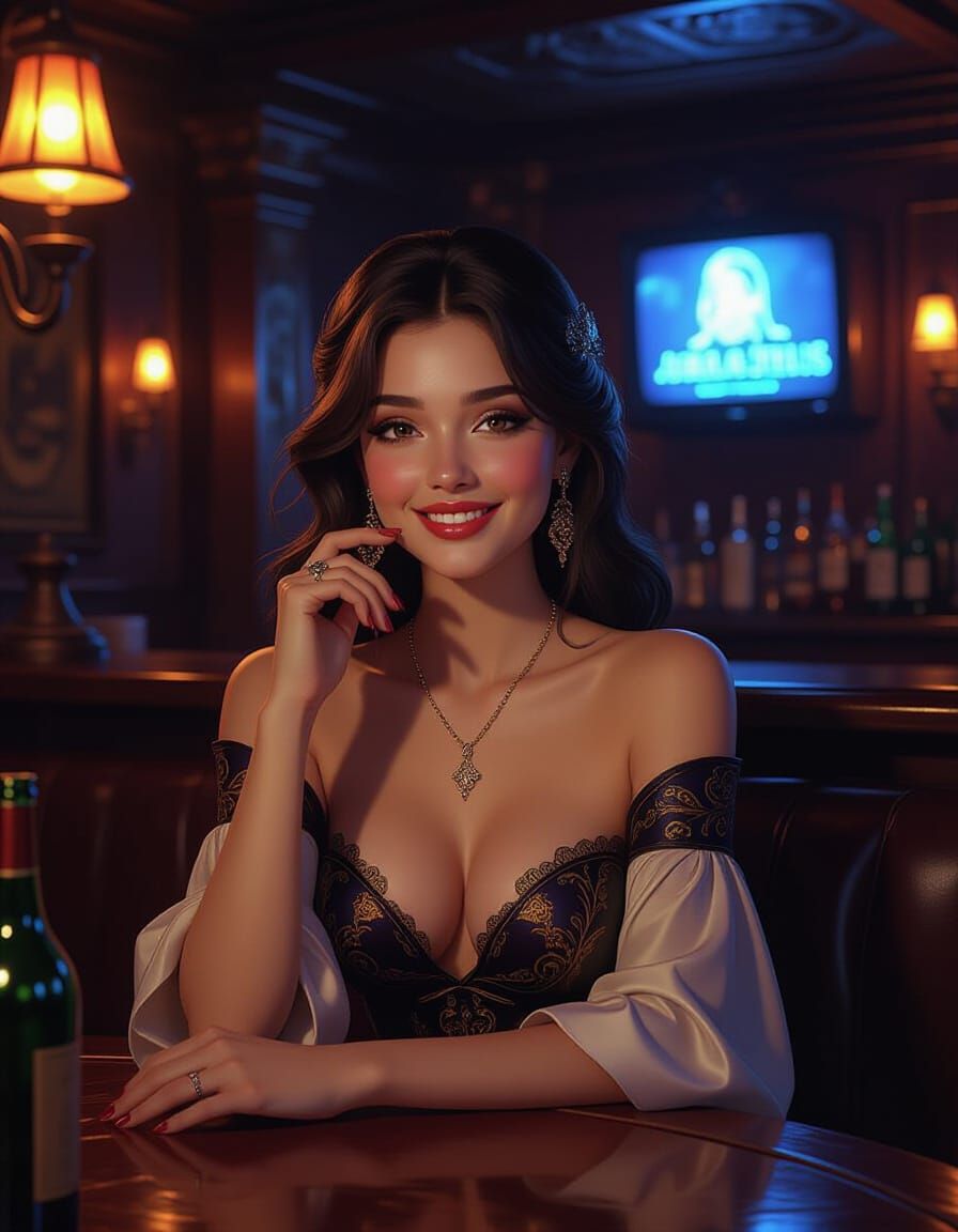 The girl in the bar is watching TV and smiling a masterpiece, 8k resolution, dark fantasy concept art, by Greg Rutkowski, dynamic lighting, ...