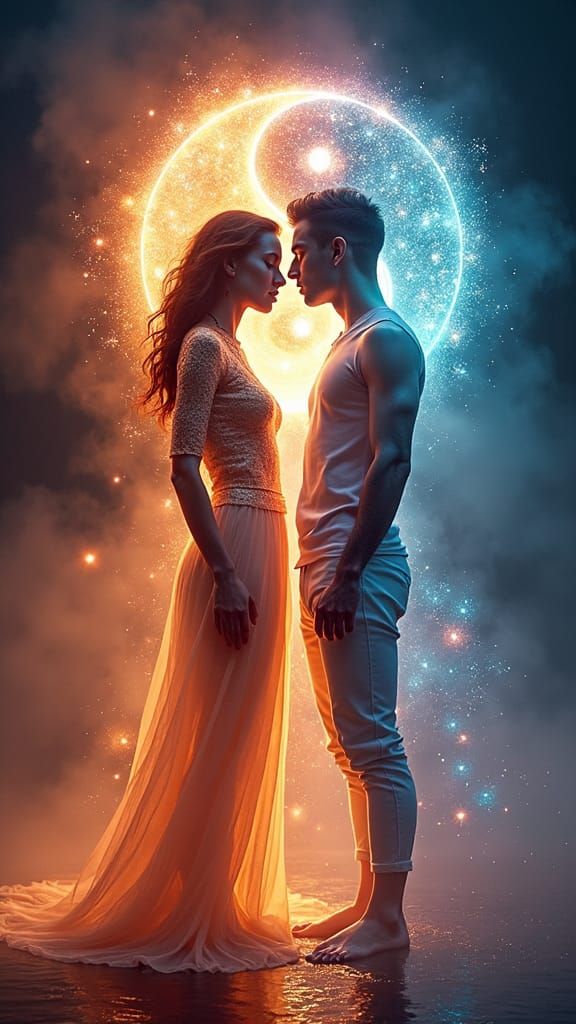 A  woman face to face to a man. The bodies spread magical au...