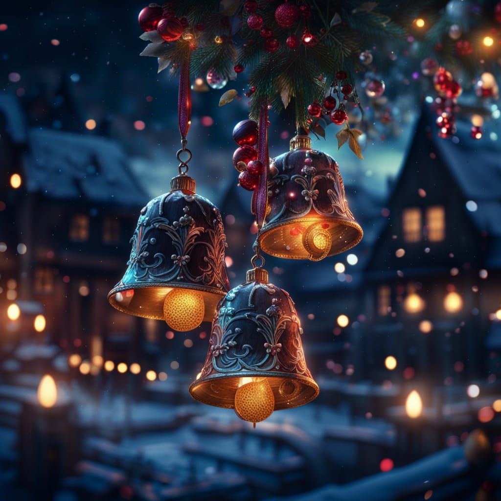 Gorgeous crystal Christmas bells at night with Christmas decorations and lights. Intricately detailed. ...  by @ophelia22