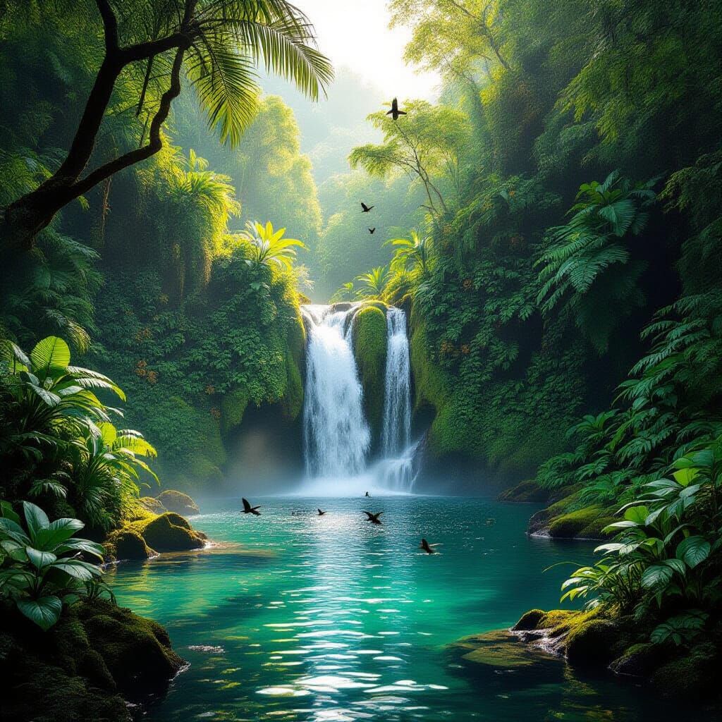 Sunlight filters through the dense canopy of a prehistoric jungle, illuminating a hidden waterfall cascading into a crystal-clear pool below...
