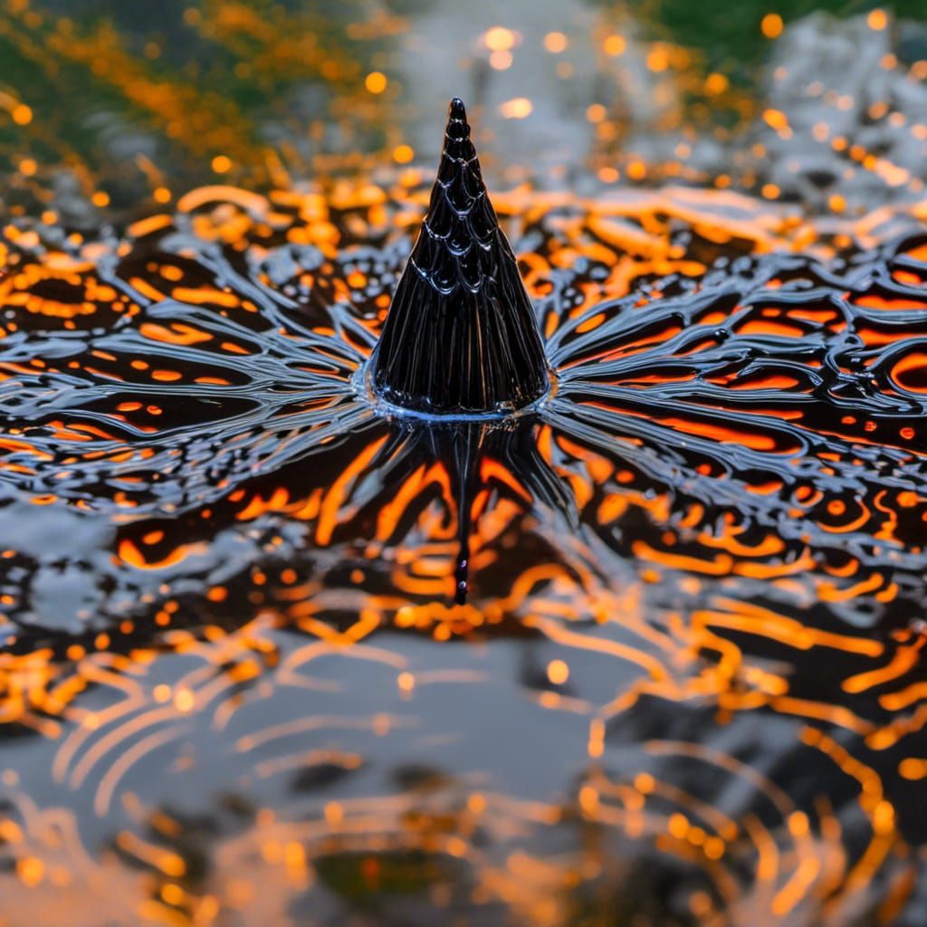 <lora:Ferrofluid:1.0> a butterfly sits on a ferro fluid pond